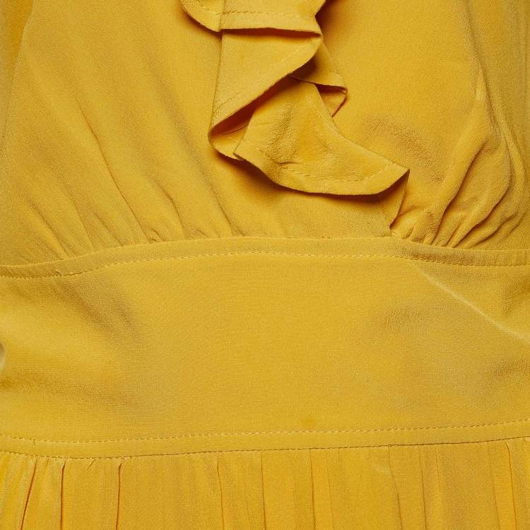 Pre Owned Chloe Yellow Silk Ruffled Neck Knee-Length Dress L