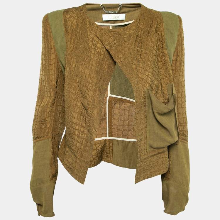 Pre Owned Chloe Olive Green Textured Silk & Linen Open Jacket L  