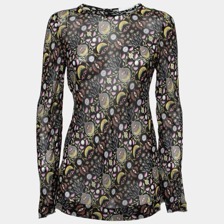 Pre Owned Chloe Black Floral Printed Crepe Long-Sleeve Top M   