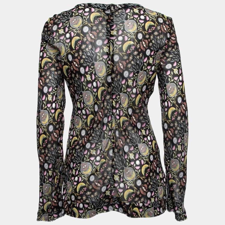 Pre Owned Chloe Black Floral Printed Crepe Long-Sleeve Top M   