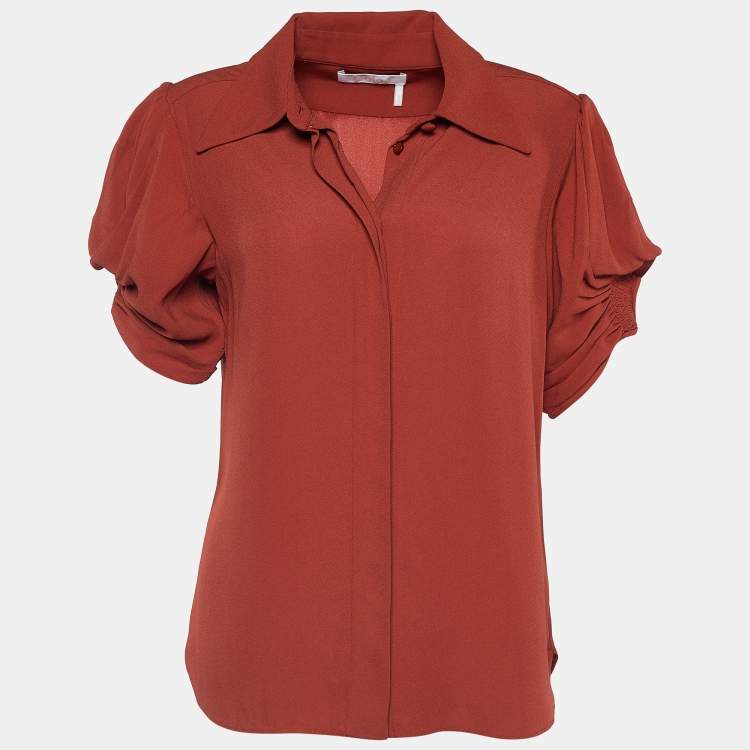 Pre Owned Chloé Brown Crepe Ruched Sleeve Blouse S