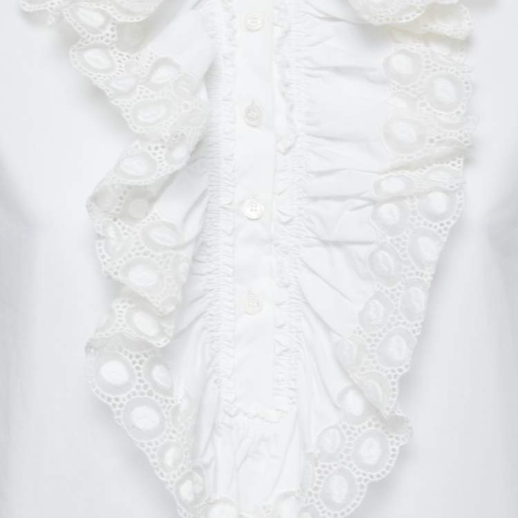 Pre Owned Chloe White Cotton Ruffled Lace Neck Blouse S