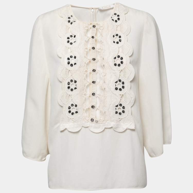 مملوكة مسبقًا Chloe Milk Linen Blend Guipure Lace Paneled Blouse L
