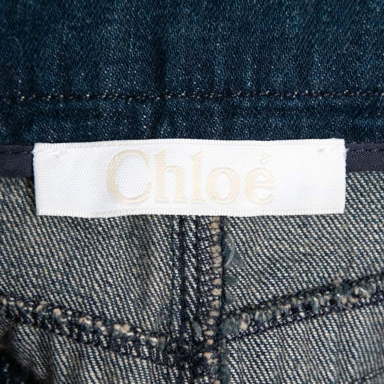Pre Owned Chloe Blue Denim Drawstring Fringed Shorts M