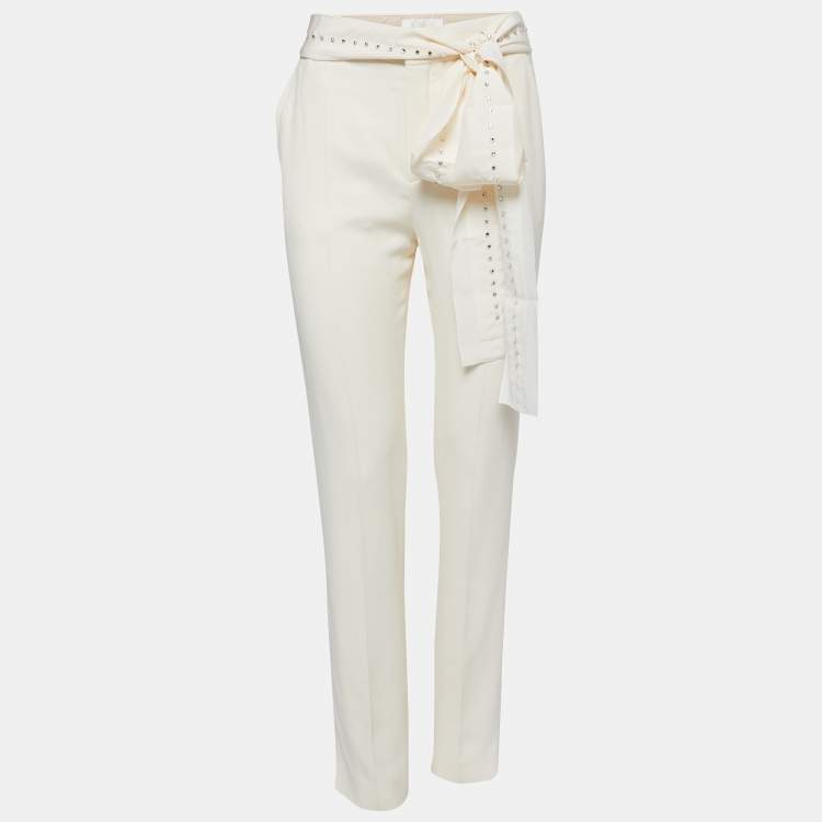 Pre Owned Chloe Cream Crepe Rhinestone Embellished Trousers M