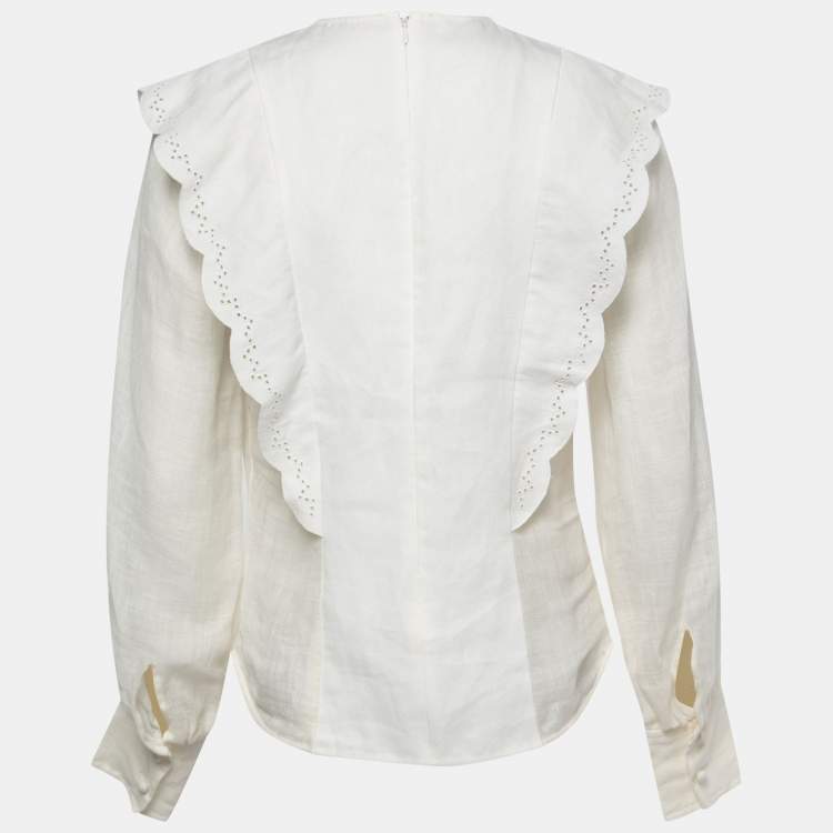 Pre Owned Chloe White Linen Blend Broderie Anglaise Detail Flouncy Scalloped Blouse S