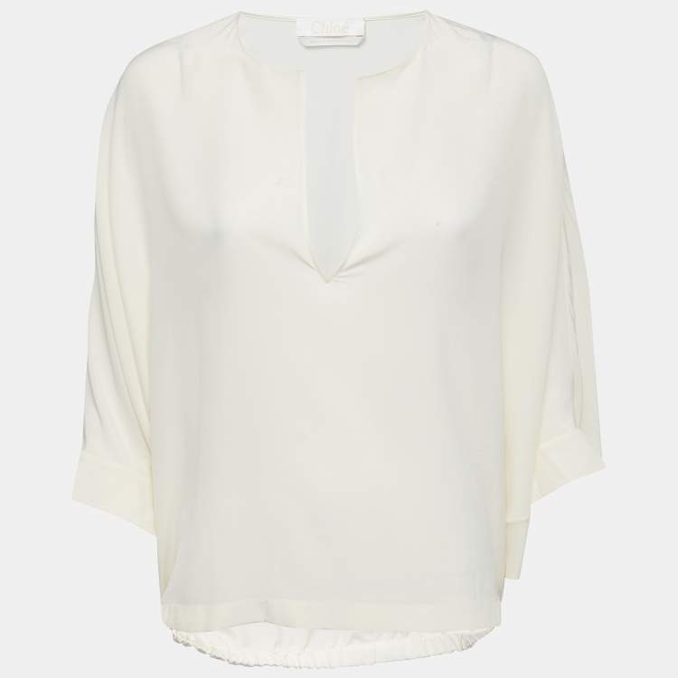 مملوكة مسبقًا Chloe Cream Silk V-Neck Oversized Blouse M 