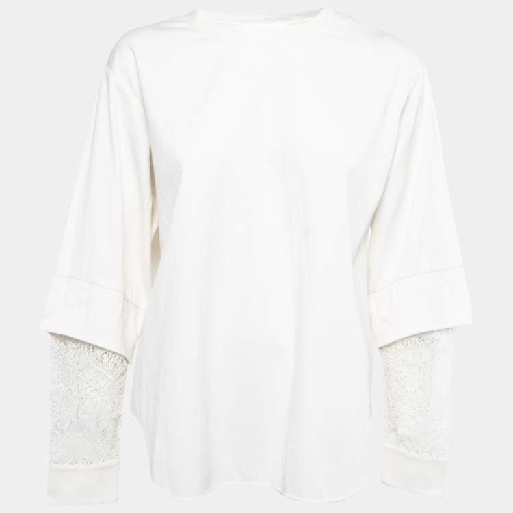 Pre Owned Chloe White Textured Cotton Lace Paneled Long Sleeve Top M