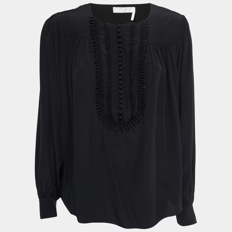 Pre Owned Chloe Navy Black Silk Lace Trimmed Long Sleeve Blouse M