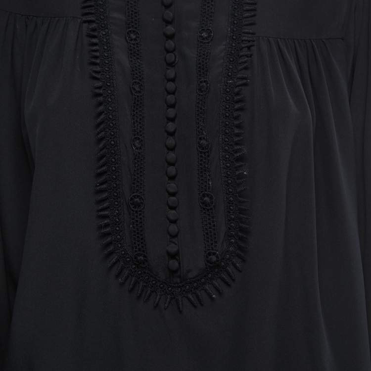 Pre Owned Chloe Navy Black Silk Lace Trimmed Long Sleeve Blouse M