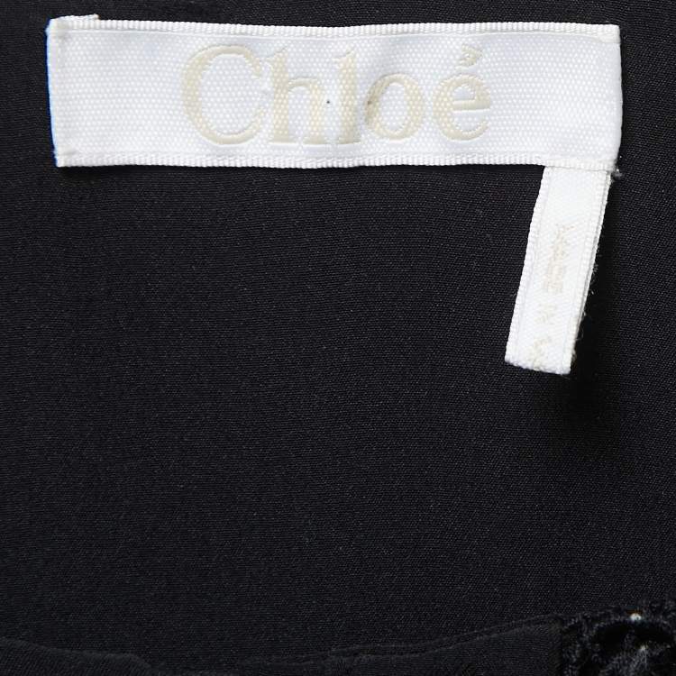 Pre Owned Chloe Navy Black Silk Lace Trimmed Long Sleeve Blouse M
