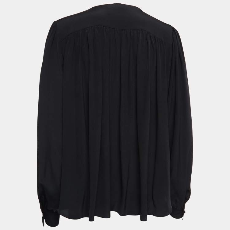 Pre Owned Chloe Navy Black Silk Lace Trimmed Long Sleeve Blouse M