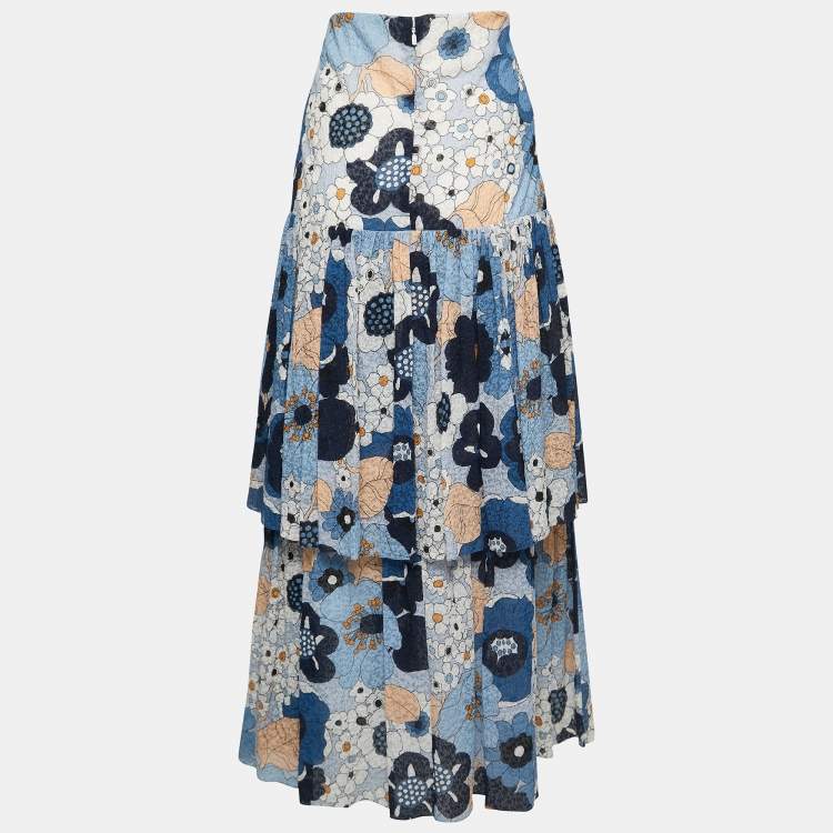 Pre Owned Chloe Blue Floral Printed Textured Cotton Tiered Midi Skirt L