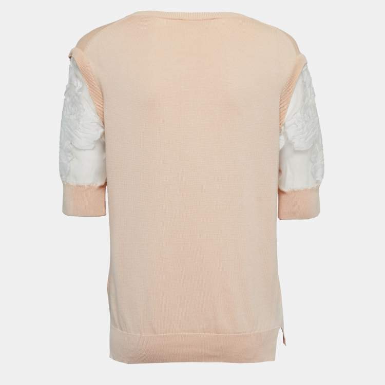 Pre Owned Chloe Beige Cotton Knit Floral Sleeve Detail Top XS
