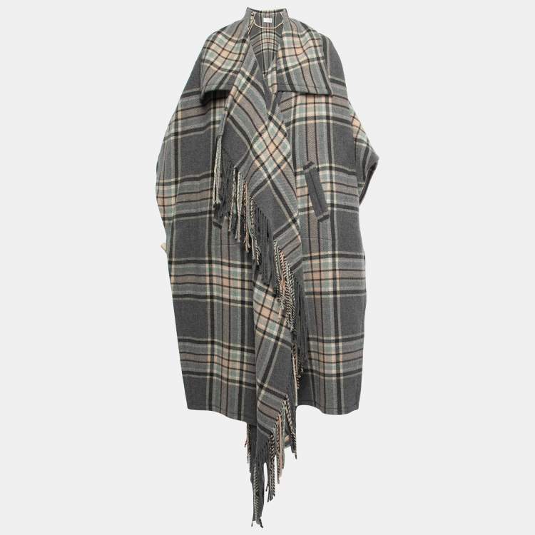 Pre Owned Chloe Grey/Pink Checked Wool Fringed Cape S