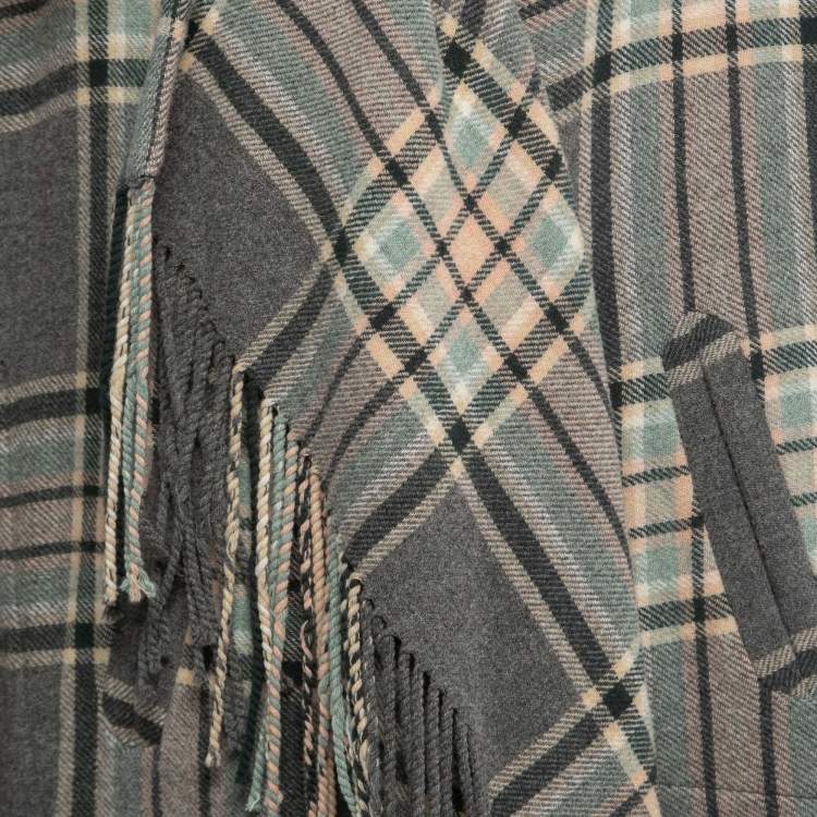 Pre Owned Chloe Grey/Pink Checked Wool Fringed Cape S