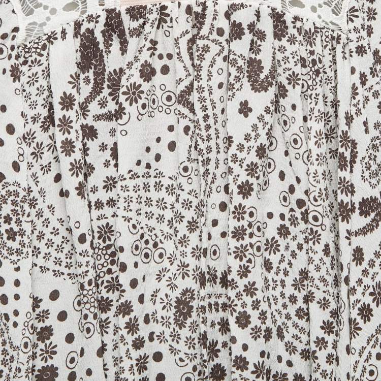Pre Owned Chloe White/Brown Floral Print Silk Ruffled Boho Kaftan Blouse L