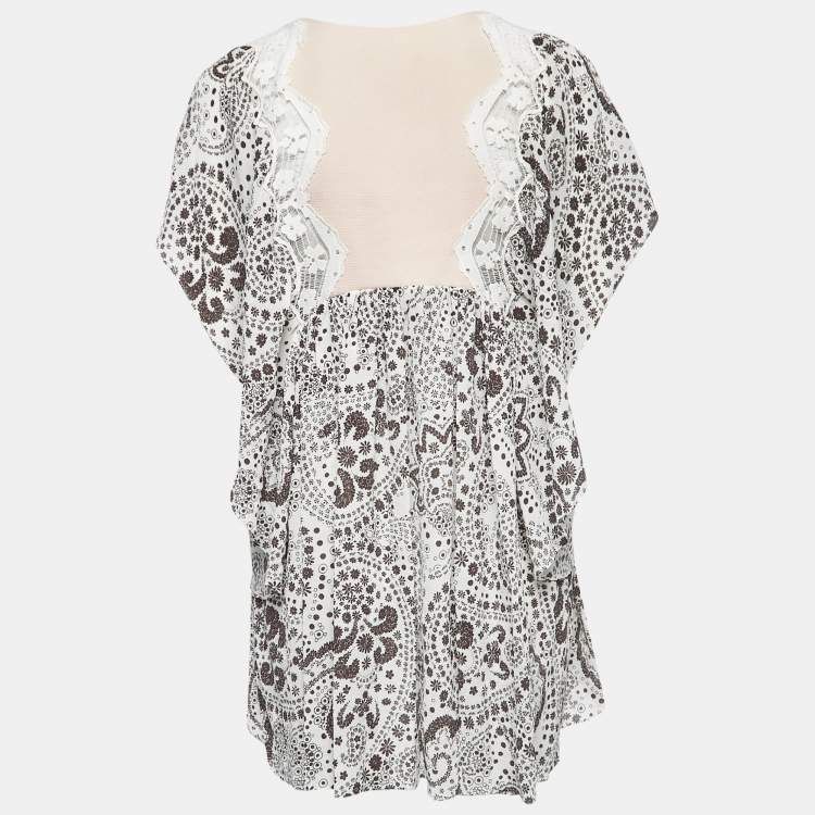 Pre Owned Chloe White/Brown Floral Print Silk Ruffled Boho Kaftan Blouse L