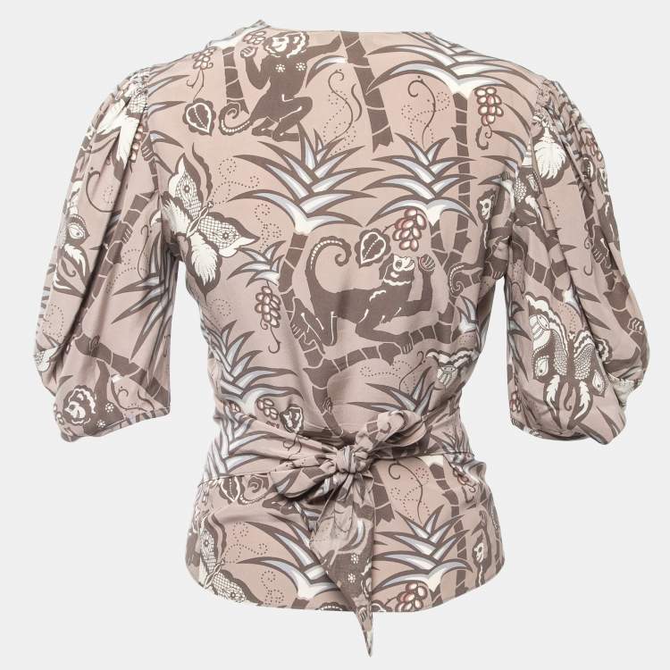 Pre Owned Chloé  Light Brown All-Over Print Silk Wrap On Blouse M