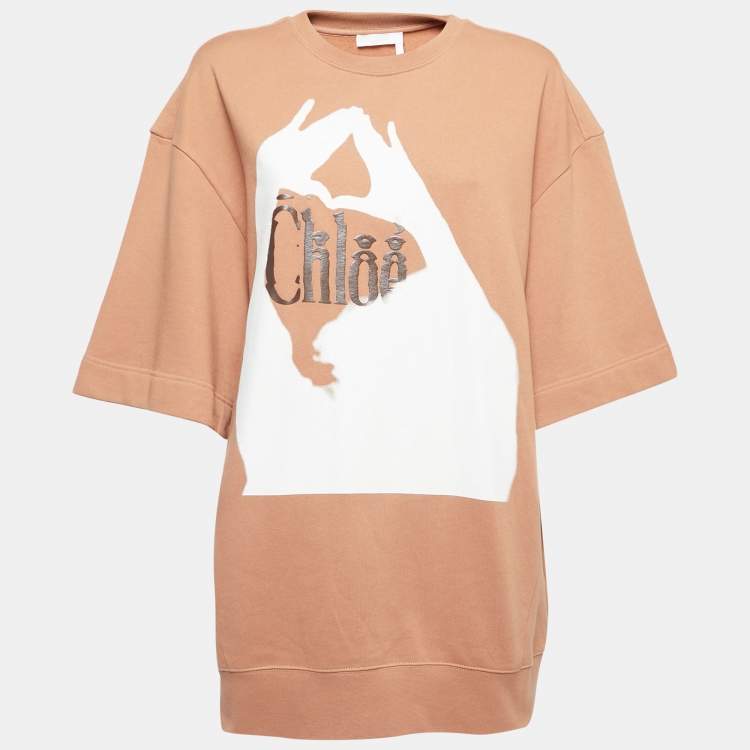 Pre Owned Chloe Orange Logo Print Cotton Crew Neck Half Sleeve Sweatshirt M