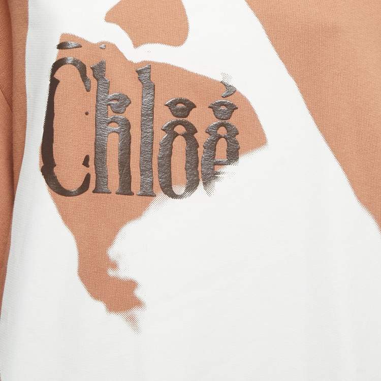 Pre Owned Chloe Orange Logo Print Cotton Crew Neck Half Sleeve Sweatshirt M