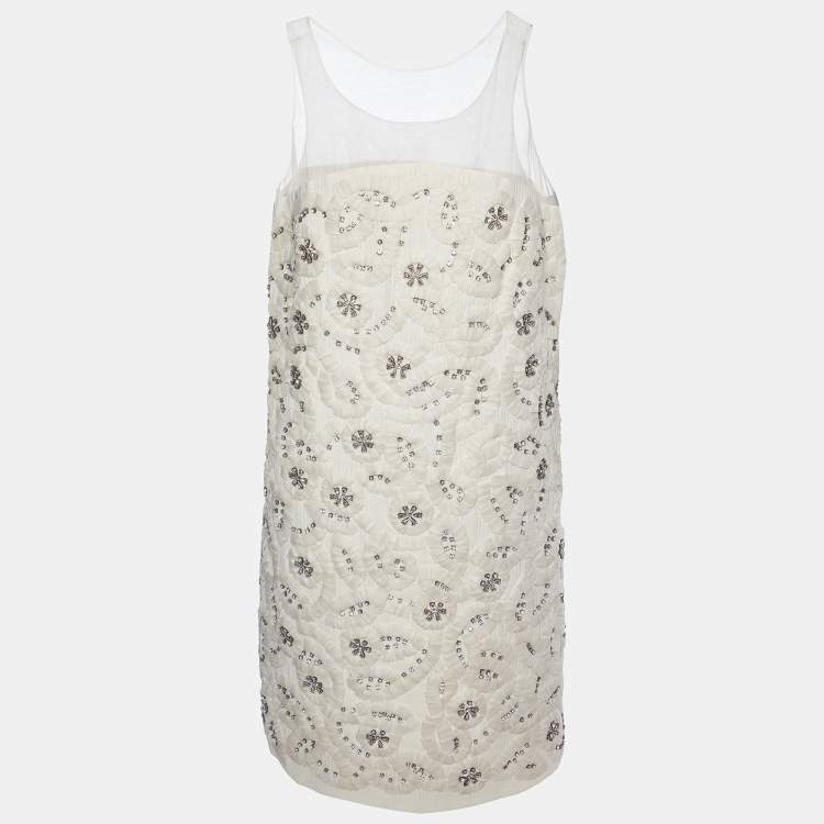 Pre Owned Chloe Ecru Silk Embellished Detail Shift Dress M