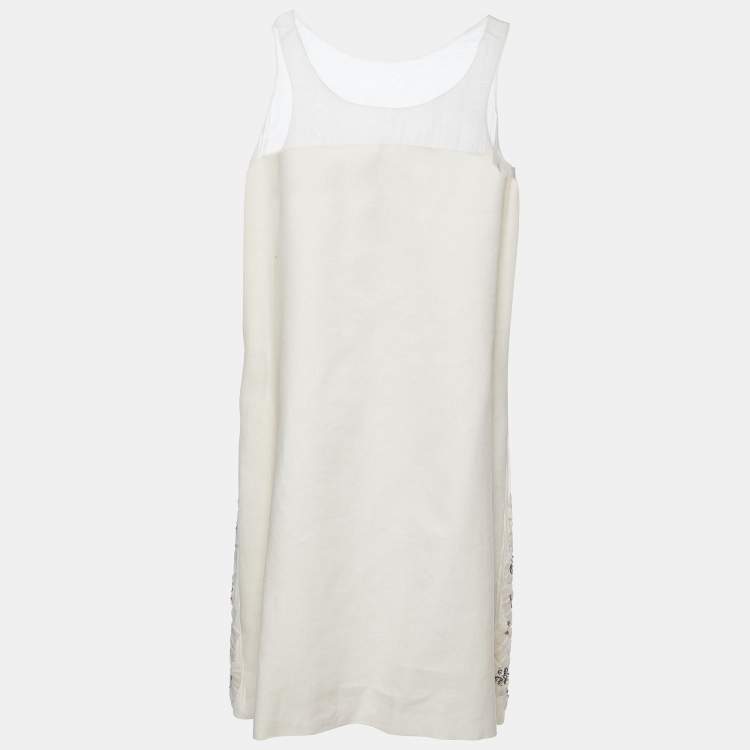 Pre Owned Chloe Ecru Silk Embellished Detail Shift Dress M