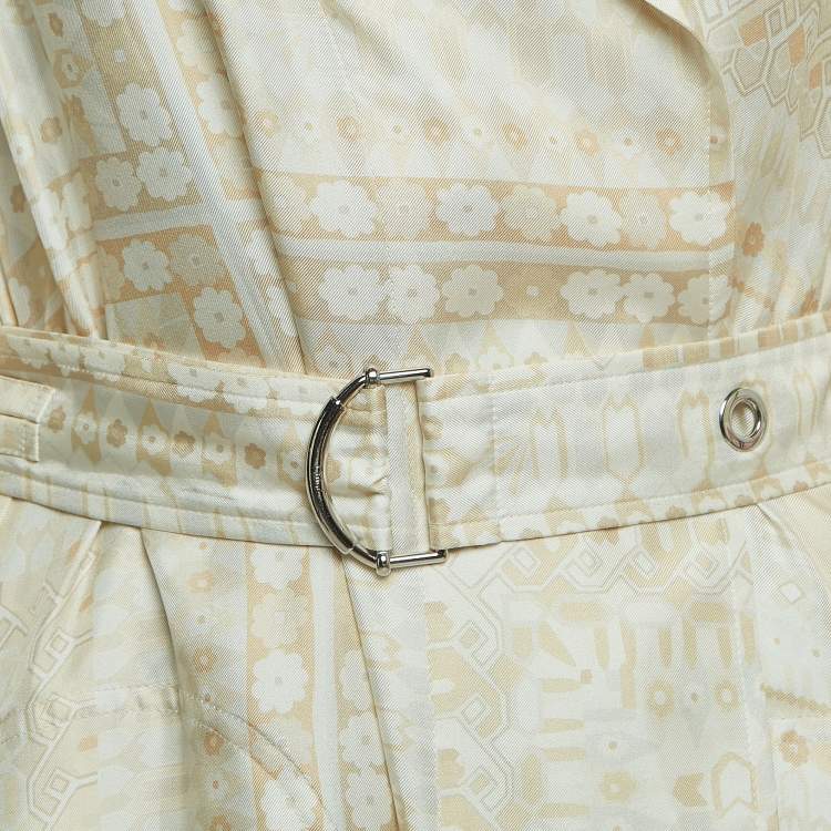 Pre Owned Chloe White Print Silk Open Front Belted Long Coat M