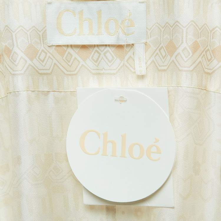 Pre Owned Chloe White Print Silk Open Front Belted Long Coat M