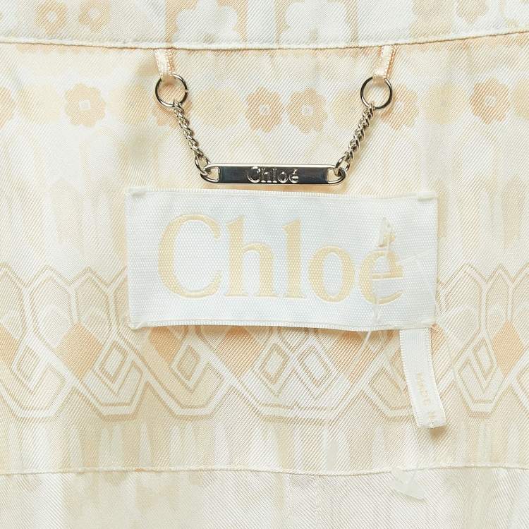 Pre Owned Chloe White Print Silk Open Front Belted Long Coat M