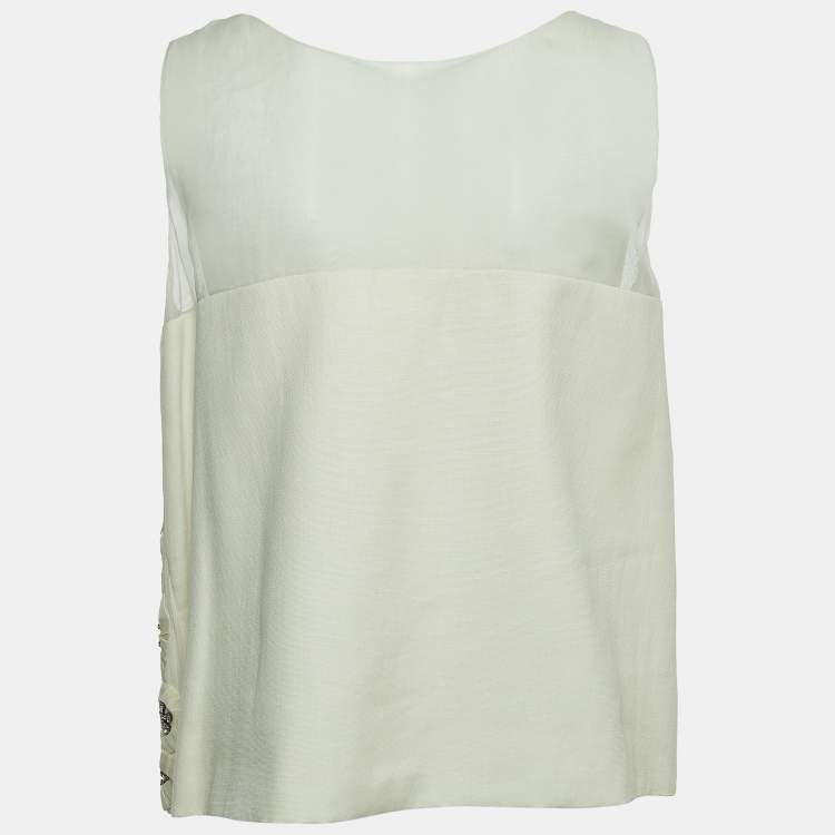Pre Owned Chloe Cream Crystals Embellished Silk & Linen Blend Sleeveless Top M