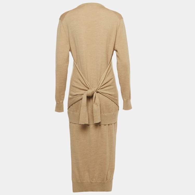 Pre Owned Chloe Seed Brown Wool V-Neck Sweater Midi Dress S