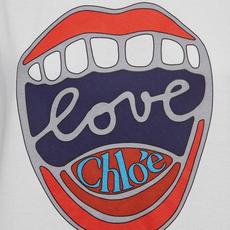Pre Owned Chloe White Mouth Print Cotton Crew Neck T-Shirt L