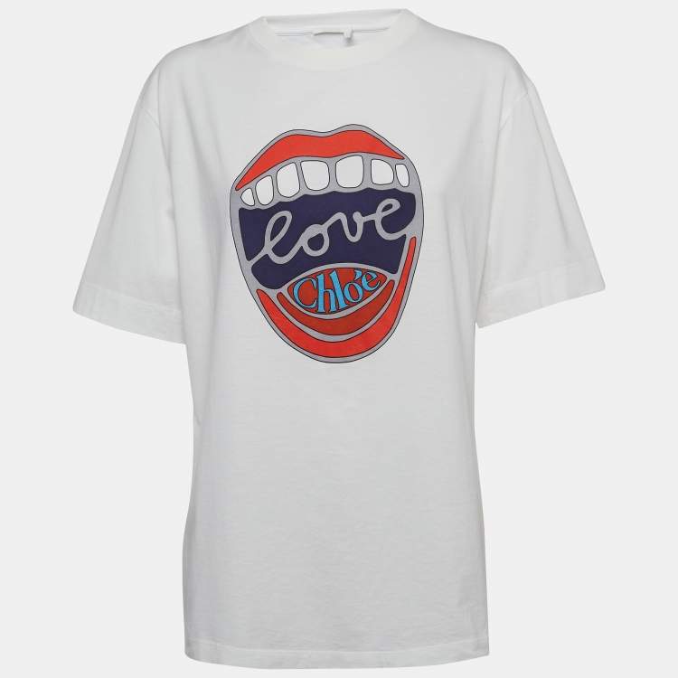 Pre Owned Chloe White Mouth Print Cotton Crew Neck T-Shirt L
