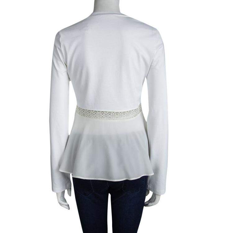 Pre Owned Chloe White Cotton Lace Insert Detail Ruffle Bottom Long Sleeve Top S