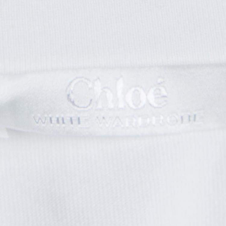 Pre Owned Chloe White Cotton Lace Insert Detail Ruffle Bottom Long Sleeve Top S
