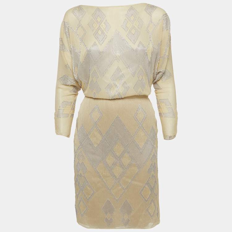 Pre Owned Chloe Cream Beads Embroidered Silk Open Back Mini Dress M