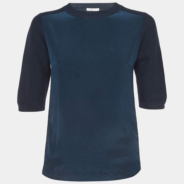 Pre Owned Chloé Dark Blue Silk and Wool Crew Neck T-Shirt XS