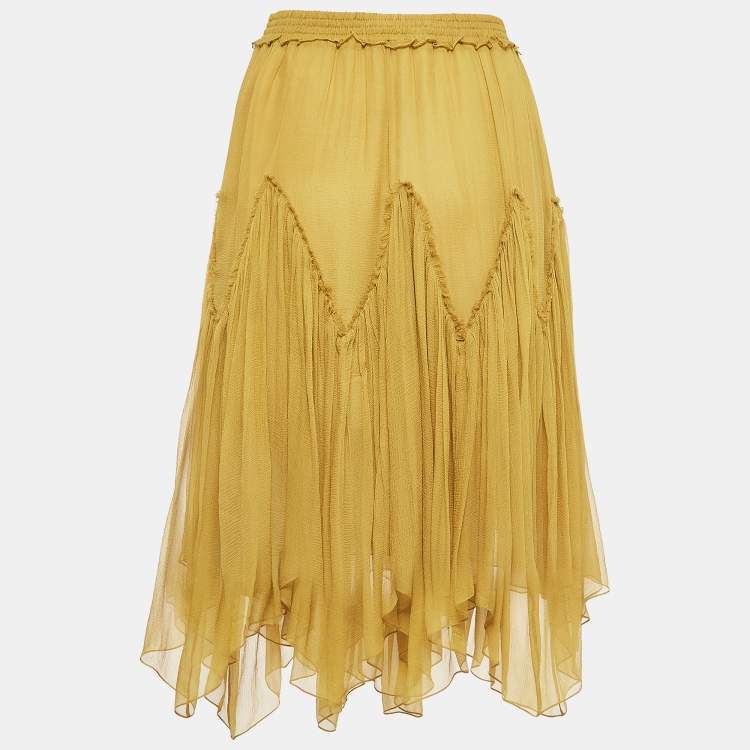 Pre Owned Chloe Yellow Silk Gathered Asymmetric Midi Skirt S