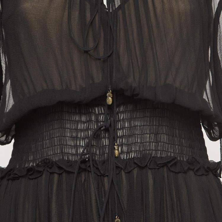 Pre Owned Chloe Black Crinkle Silk Tie-Up Detail Ruffled Midi Dress S