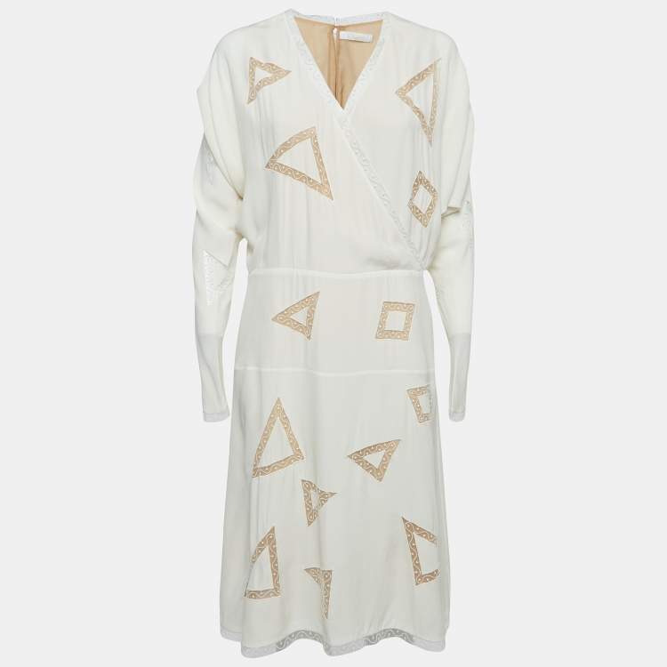 Pre Owned Chloe Cream Silk Lace Trim Midi Dress M