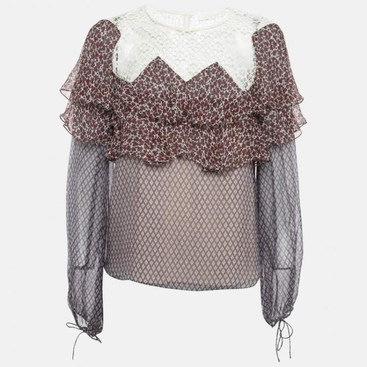 Pre Owned Chloe Multicolor Printed Lace Trim Silk Ruffled Blouse M