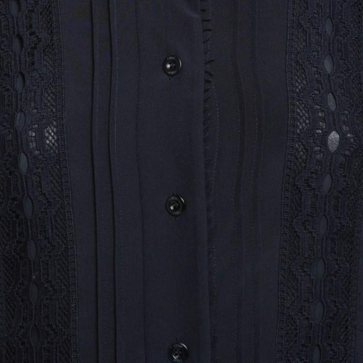 Pre Owned Chloe Navy Silk Lace Trim Shirt Dress S