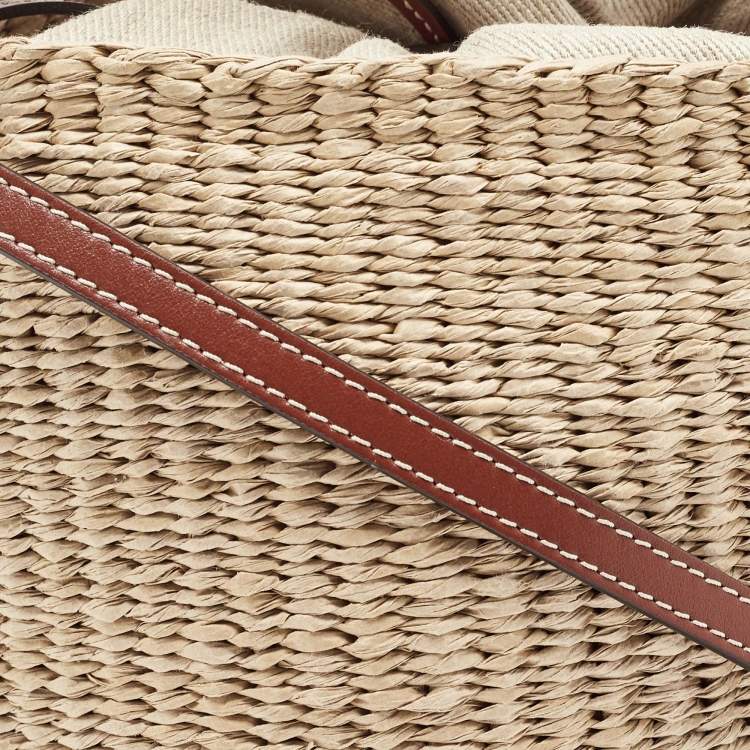 Pre Owned Chloe Beige/Tan Raffia and Leather Small Woody Bucket Bag