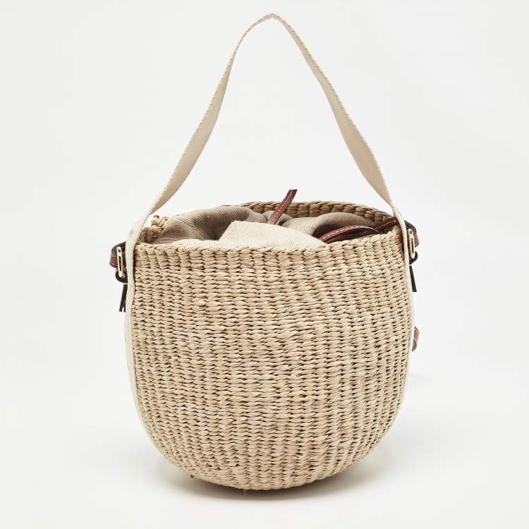 Pre Owned Chloe Beige/Tan Raffia and Leather Small Woody Bucket Bag