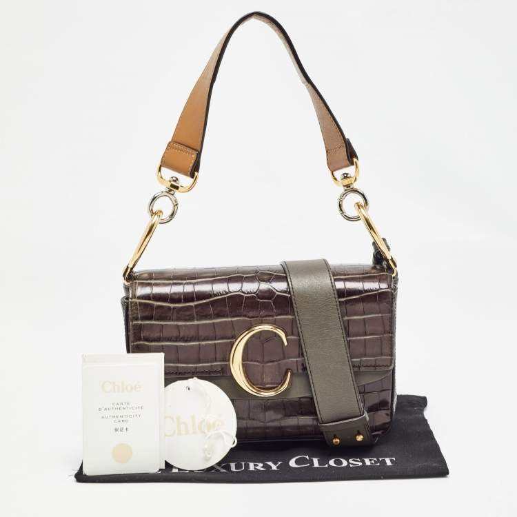Pre Owned Chloe Dark Grey/Brown Croc Embossed Leather C Top Handle Bag