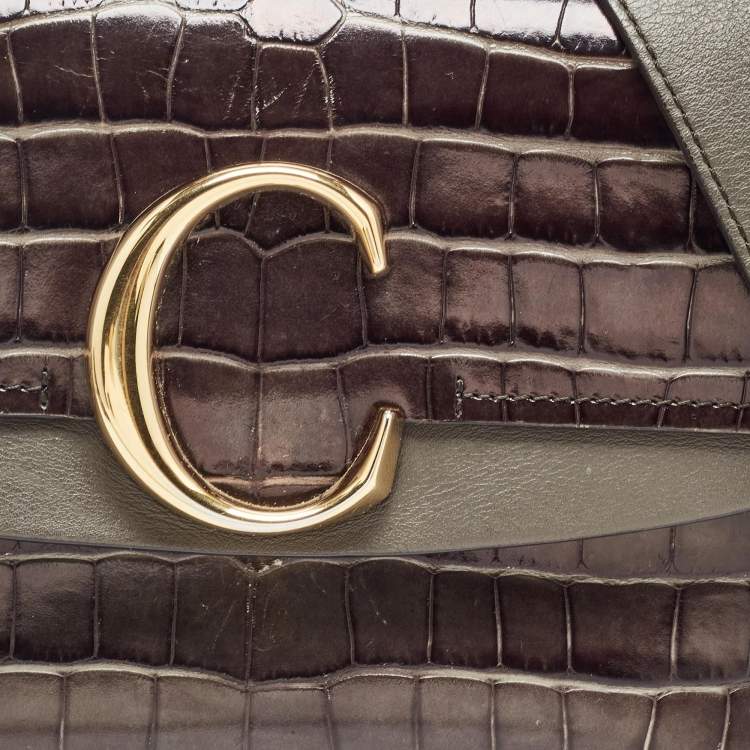 Pre Owned Chloe Dark Grey/Brown Croc Embossed Leather C Top Handle Bag