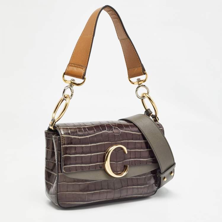 Pre Owned Chloe Dark Grey/Brown Croc Embossed Leather C Top Handle Bag