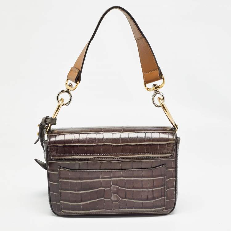 Pre Owned Chloe Dark Grey/Brown Croc Embossed Leather C Top Handle Bag