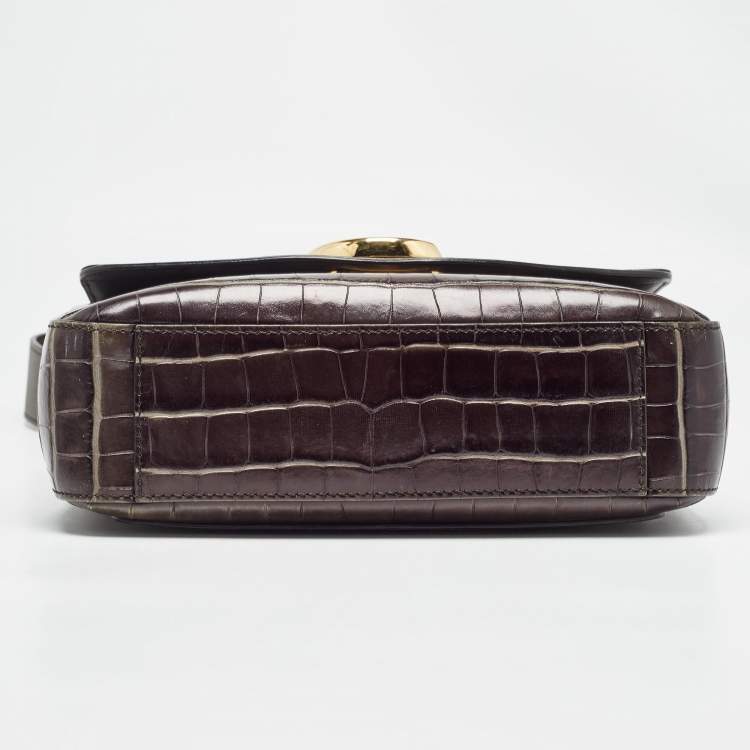 Pre Owned Chloe Dark Grey/Brown Croc Embossed Leather C Top Handle Bag